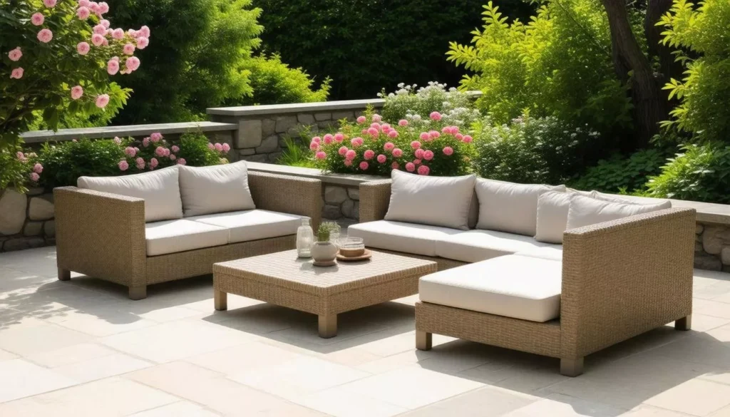 Elegant outdoor patio setup with beige wicker sofas and white cushions around a matching coffee table, surrounded by blooming pink flowers and lush green garden plants.