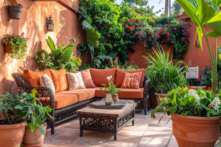 A cozy outdoor patio with terracotta-colored walls and lush greenery, featuring a dark woven sectional sofa with deep orange-red cushions and pillows, centered around a matching woven coffee table.