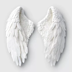 Set of 2 large, white 3D angel wings wall sculptures with realistic feather details on a light grey background.