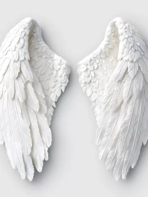 Set of 2 large, white 3D angel wings wall sculptures with realistic feather details on a light grey background.
