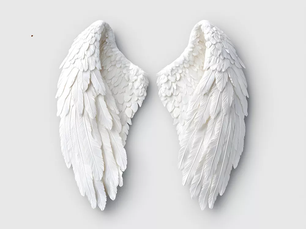 Set of 2 large, white 3D angel wings wall sculptures with realistic feather details on a light grey background.