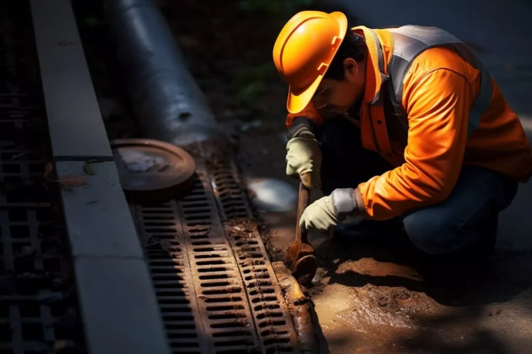 A maintenance worker wearing an orange hard hat and high-visibility jacket uses a tool to clear debris from a storm drain grate, ensuring proper flow as part of smart water management infrastructure maintenance.