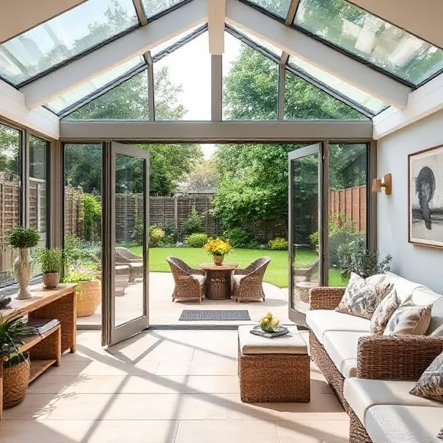 A sleek, modern garden office unit with a black exterior and full-length windows, situated on a grassy lawn with a small patio area.