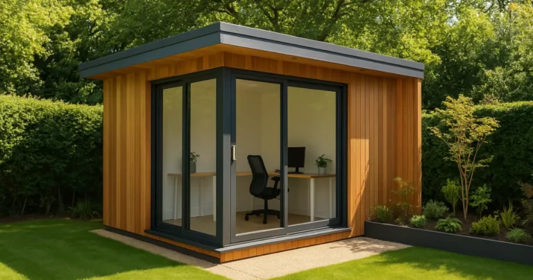 A modern, cube-shaped garden office or backyard shed with vertical wood siding, large glass sliding doors, and a small wooden deck.