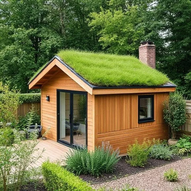 A contemporary garden office with a dark exterior and large glass doors, opening onto a clean wooden deck surrounded by mature trees.