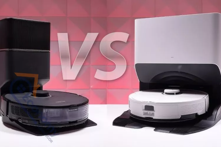 Two different models of robot vacuum and mop combos with auto-empty docks, illustrating a comparison or versus review for choosing the best robot vacuum.