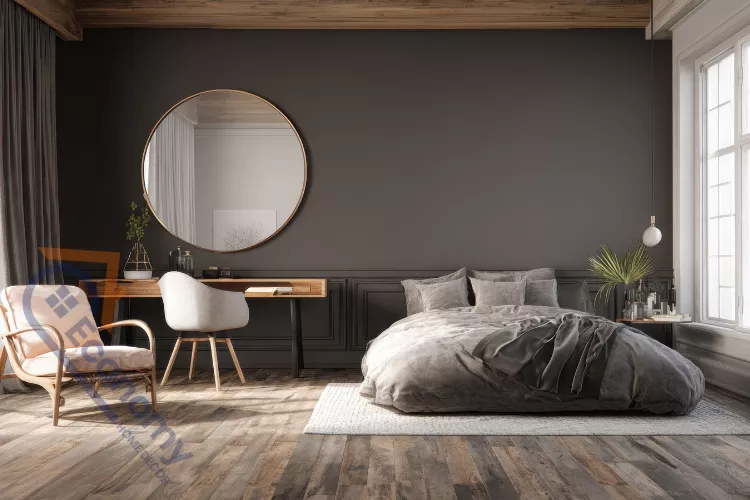 A contemporary bedroom featuring a large, abstract canvas art piece as the central wall decor over the bed.