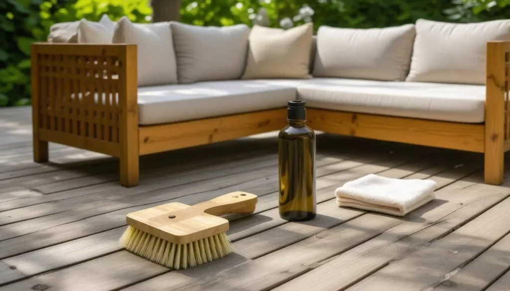 A wooden-handled scrubbing brush, a dark glass bottle of furniture oil or cleaner, and a small folded white towel resting on a wooden deck in front of a light wood outdoor sectional sofa with white cushions.