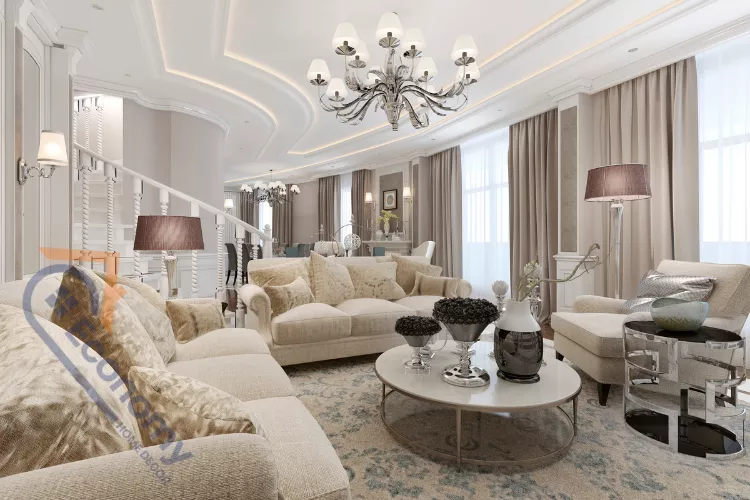 A practical studio flat decor idea featuring a gray sectional sofa, a coffee table, and built-in storage shelves.