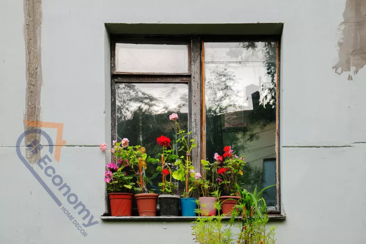 A charming, rustic window exterior decoration with a collection of colorful potted geraniums on the sill.