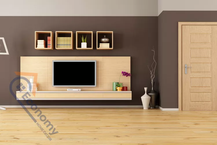 A sleek, modern living room showcasing entertainment center decoration ideas with a floating white media console.