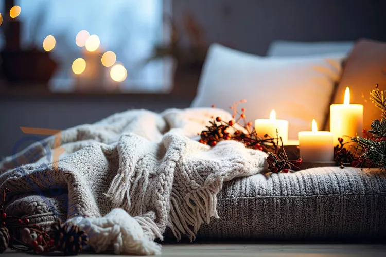 A rustic stone fireplace mantel decorating idea for winter, adorned with lush green garland, candles, and pinecones.