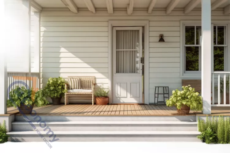 A minimalist front porch decorating idea featuring a classic white rocking chair and a small side table on a wooden deck.