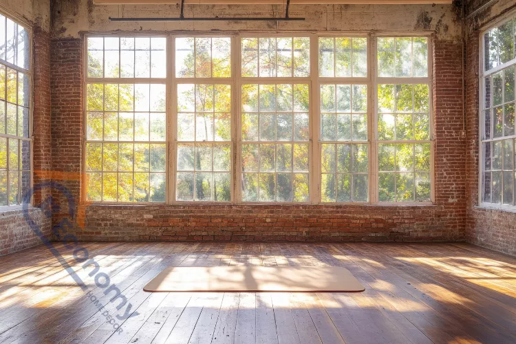 A corner of a home yoga studio showcasing decorating ideas with a simple mat, cushion, and a potted plant.