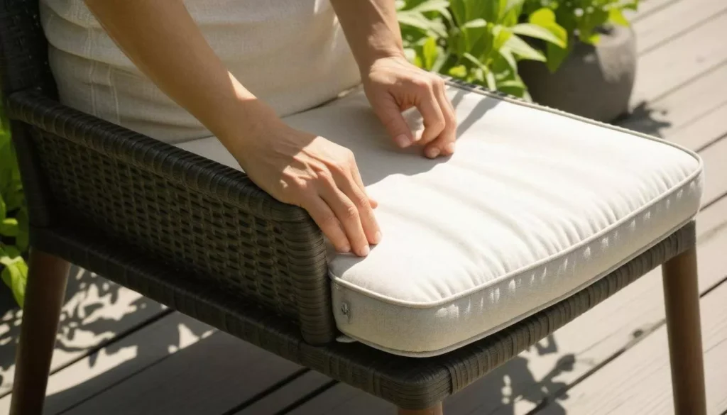 A person adjusts a thick, light-colored cushion on a dark brown, woven outdoor chair sitting on a wooden deck.