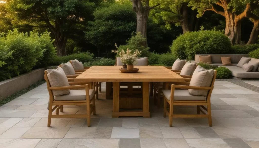 Luxurious teak wood outdoor dining table set with eight chairs featuring light beige cushions, set on a large stone patio surrounded by lush green trees and foliage, with an outdoor sectional sofa visible in the background.