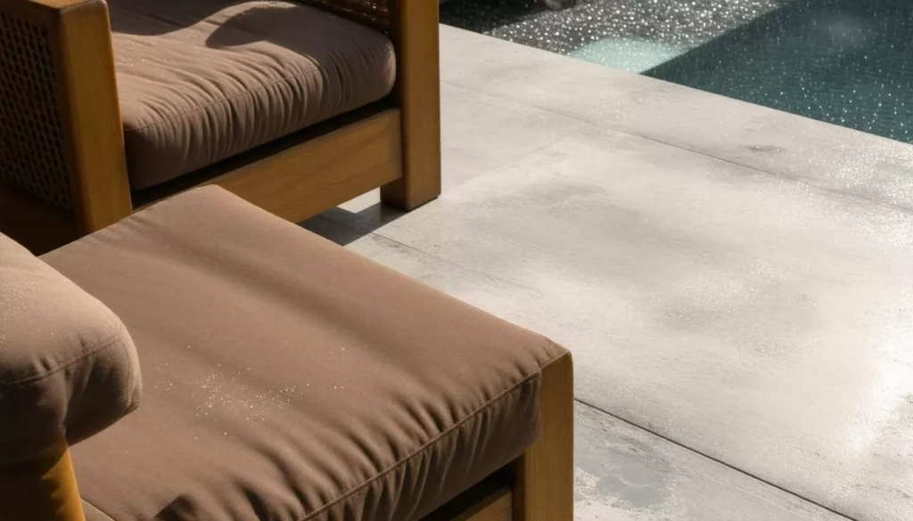 Close-up view of wooden outdoor furniture with brown cushioned seats beside a modern swimming pool and light gray stone patio.