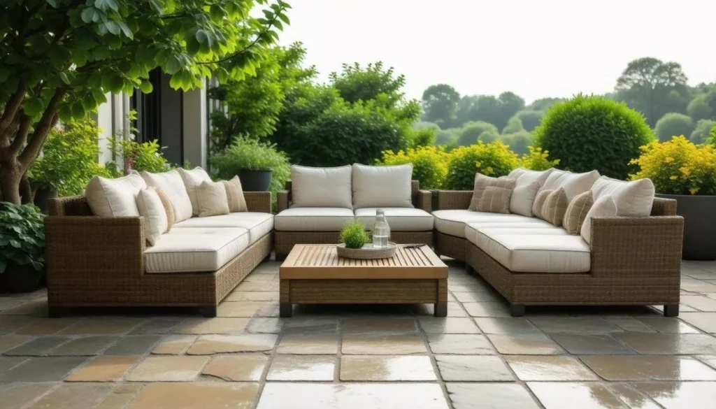 Outdoor patio with modern wicker sectional sofas and beige cushions surrounding a wooden coffee table, set on a stone-tiled terrace with lush green garden plants and trees in the background.