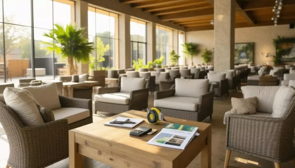 Interior view of a brightly lit lounge or sunroom filled with rows of woven rattan armchairs with light cushions and small wooden tables, featuring a close-up of a table with a magazine, phone, and headphones.