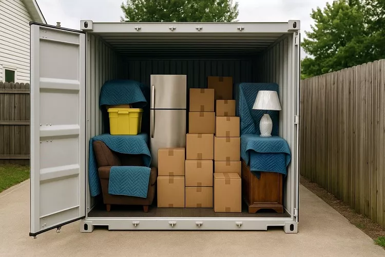 Storage container filled with neatly packed moving boxes, furniture, and household items protected with blue blankets.