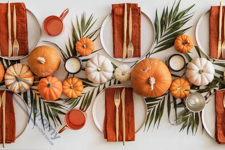 A rustic Thanksgiving decorations idea featuring a centerpiece of gourds, candles, and pinecones on a long wooden table.
