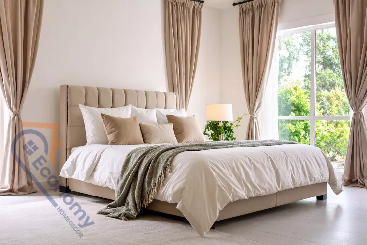 A bohemian bedroom showcasing wall decor for over the bed with a large round mirror with an intricate frame.