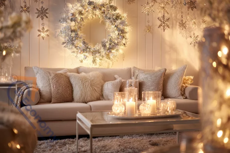 A cozy bedroom showcasing winter home decor ideas with layered white bedding, faux fur, and chunky knit textures.