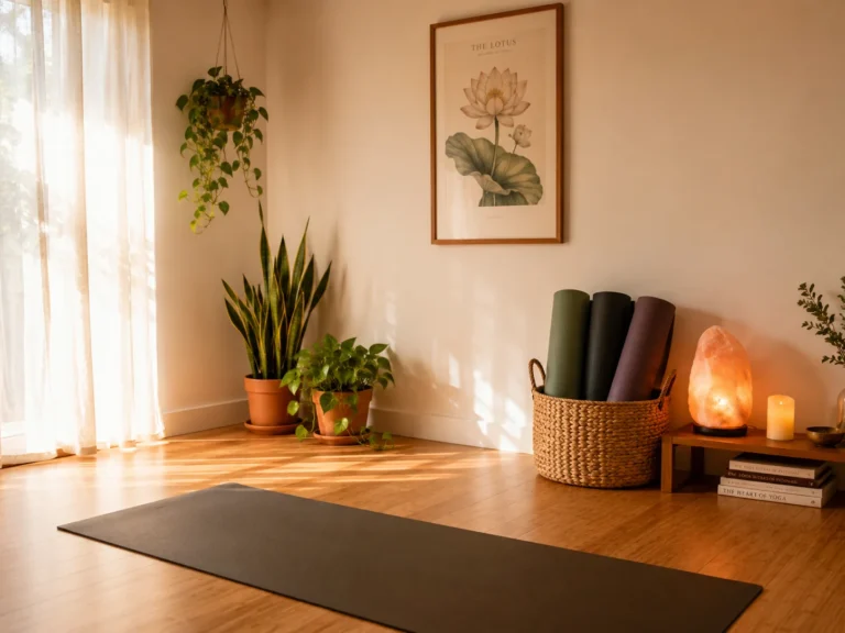A serene sunlit yoga studio with bamboo floors, soft sheer curtains, botanical decor, potted plants, rolled yoga mats, and a glowing Himalayan salt lamp creating a calm, meditative atmosphere.