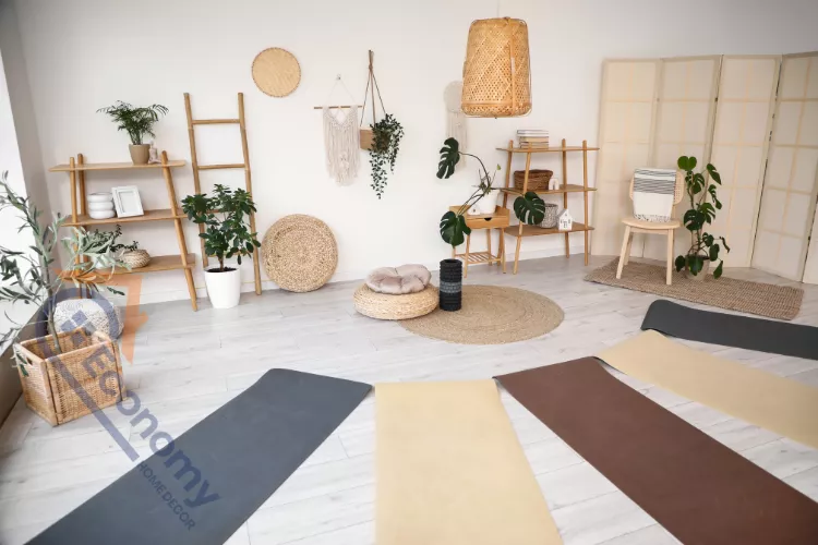 A clean and organized yoga studio decor idea featuring vertical storage racks for mats and props.