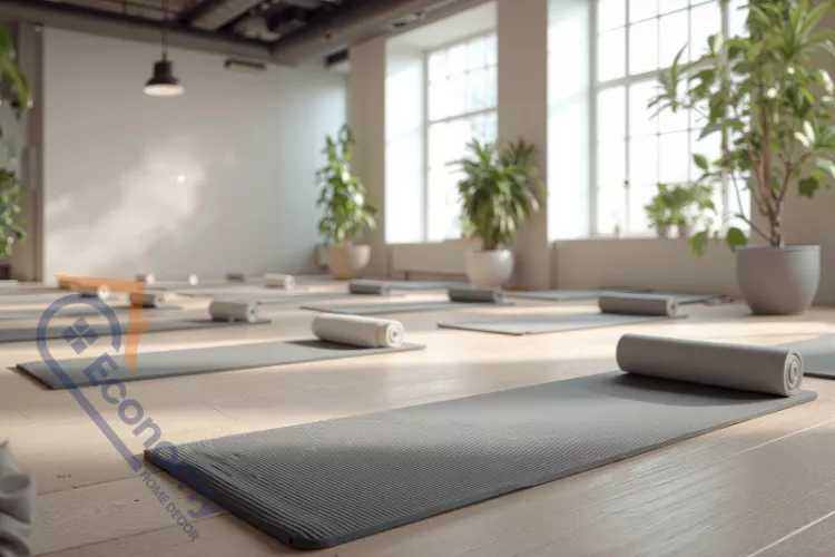 A modern yoga studio decorating idea featuring a large circular mirror and abstract wall art in neutral tones.