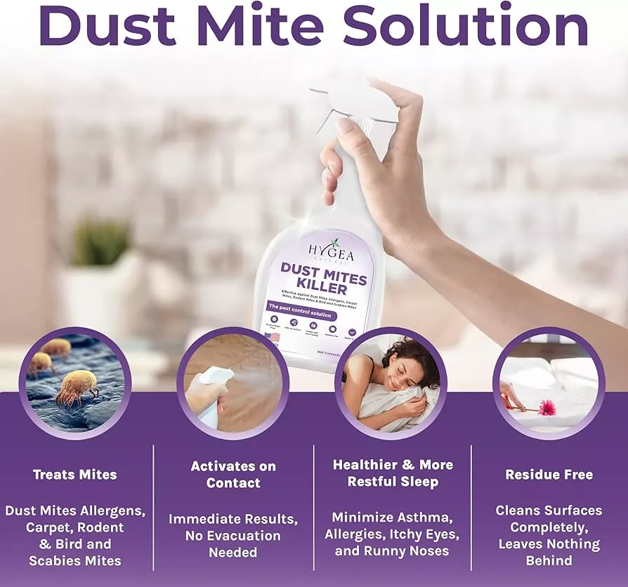 Dust mite solution spray being used, highlighting benefits like treating mites, immediate activation, improved sleep, and residue-free cleaning.