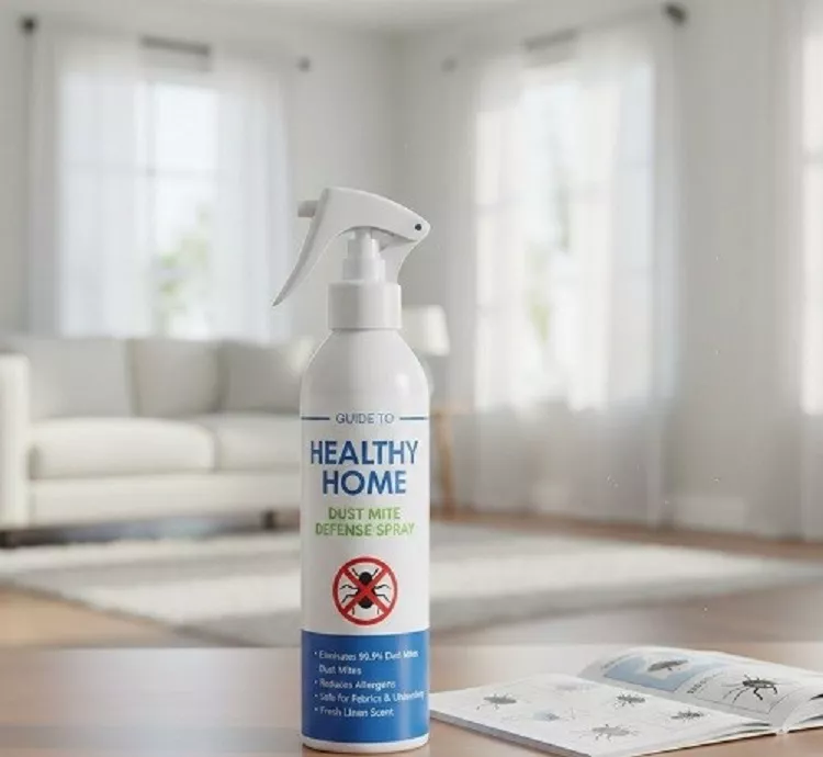 Close-up view of a dust mite spray label highlighting non-toxic ingredients and allergen-reducing benefits.