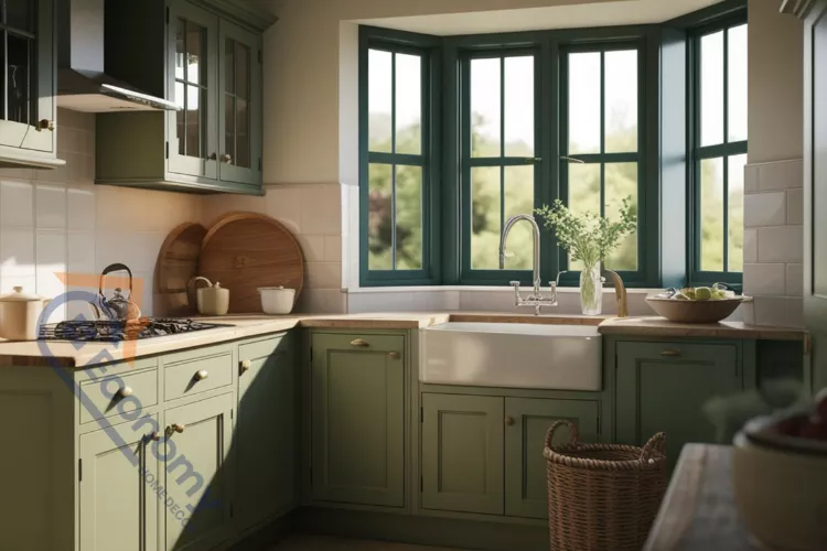 Cozy farmhouse kitchen with sage green cabinets, white farmhouse sink, wooden cutting boards, and large bay window letting in natural light
