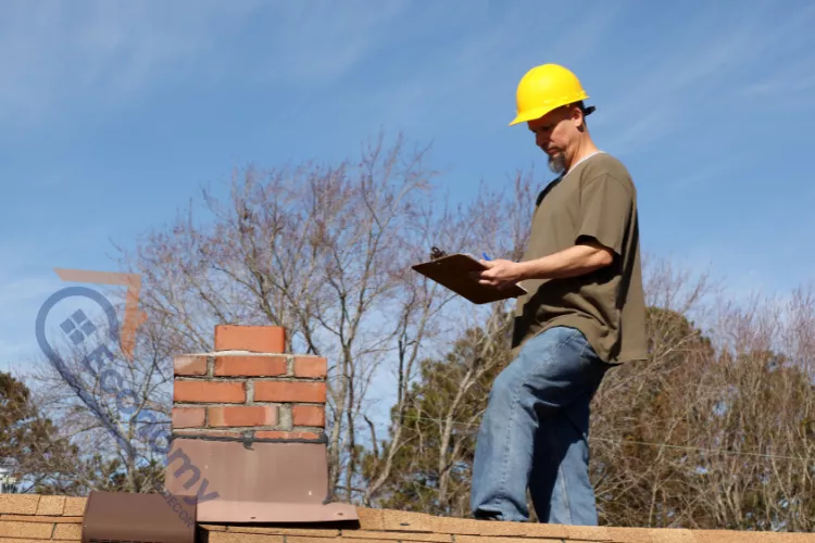 A male roof inspector in a yellow hard hat and casual clothes stands on a shingle roof next to a brick chimney, holding a clipboard and pen.