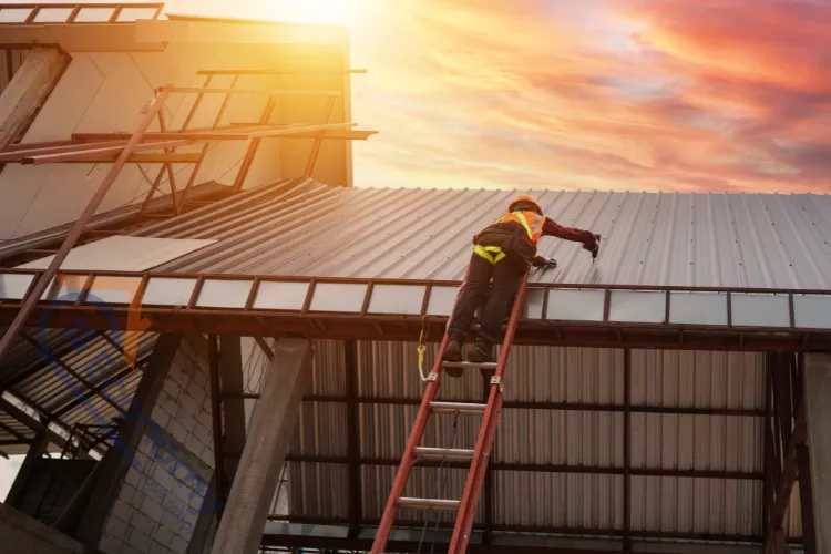 Construction worker in safety harness and hard hat on a ladder, securing corrugated metal roofing sheets against a sunset sky.