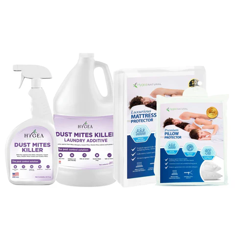 Dust mites killer spray, laundry additive, and protective mattress and pillow covers arranged as a dust mite prevention product set.
