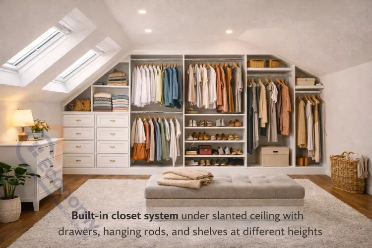 Custom built-in closet storage system designed to maximize space under slanted attic ceiling