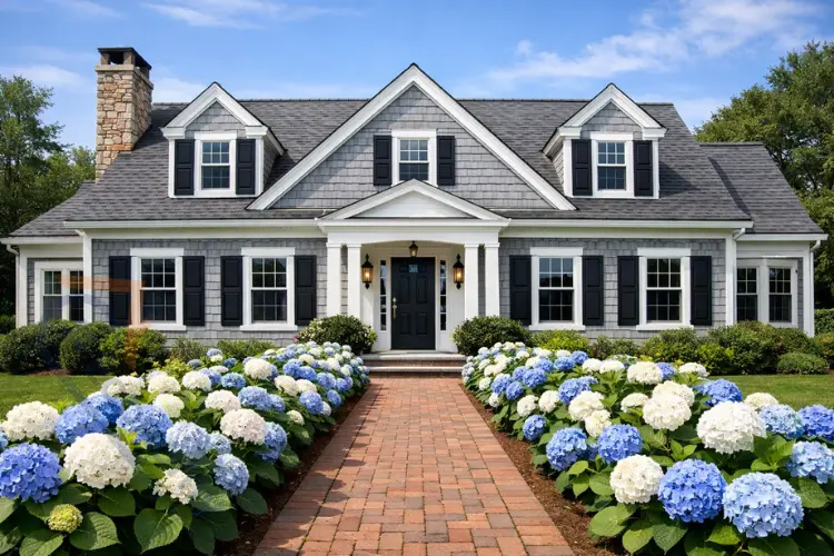 Classic Cape Cod style house exterior with weathered shingles and white trim