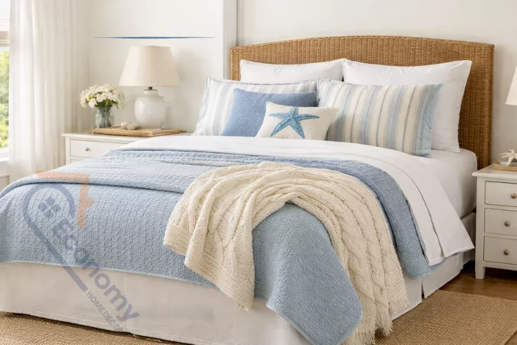 Cape Cod bedroom bedding layers with coastal colors and textures