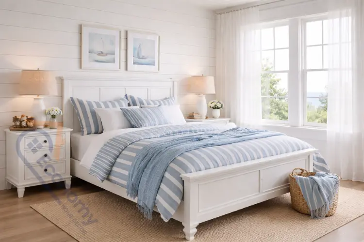 Cape Cod bedroom design with white furniture and coastal blue bedding