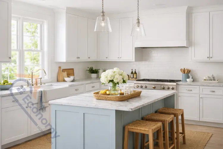 Cape Cod style kitchen with white cabinets and coastal blue island