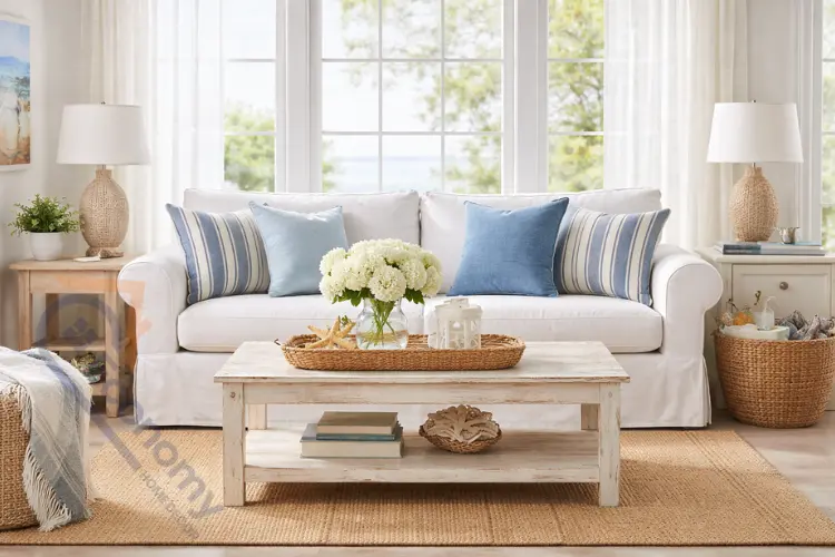 Cape Cod style living room with white slipcovered furniture and coastal accents