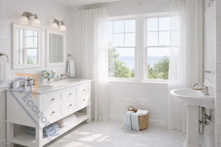 Classic Cape Cod bathroom design with white subway tile and marble countertops
