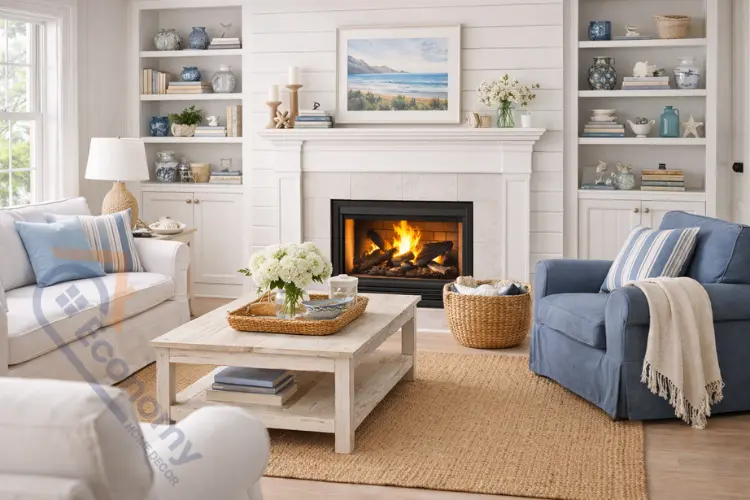 Coastal Cape Cod living room design with fireplace and built-in shelving