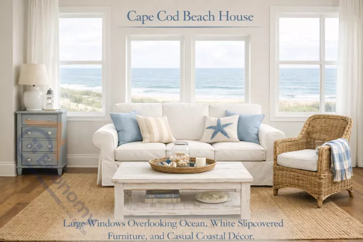 Cape Cod beach house interior design with ocean views and relaxed furnishings