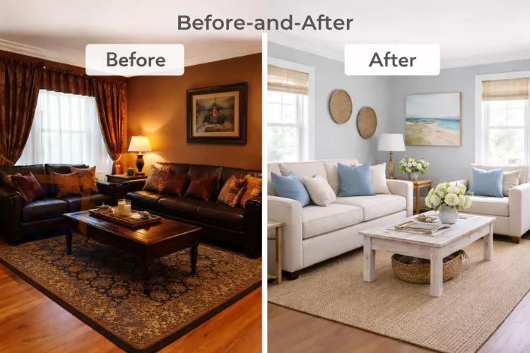 Cape Cod living room before and after transformation showing dramatic brightening