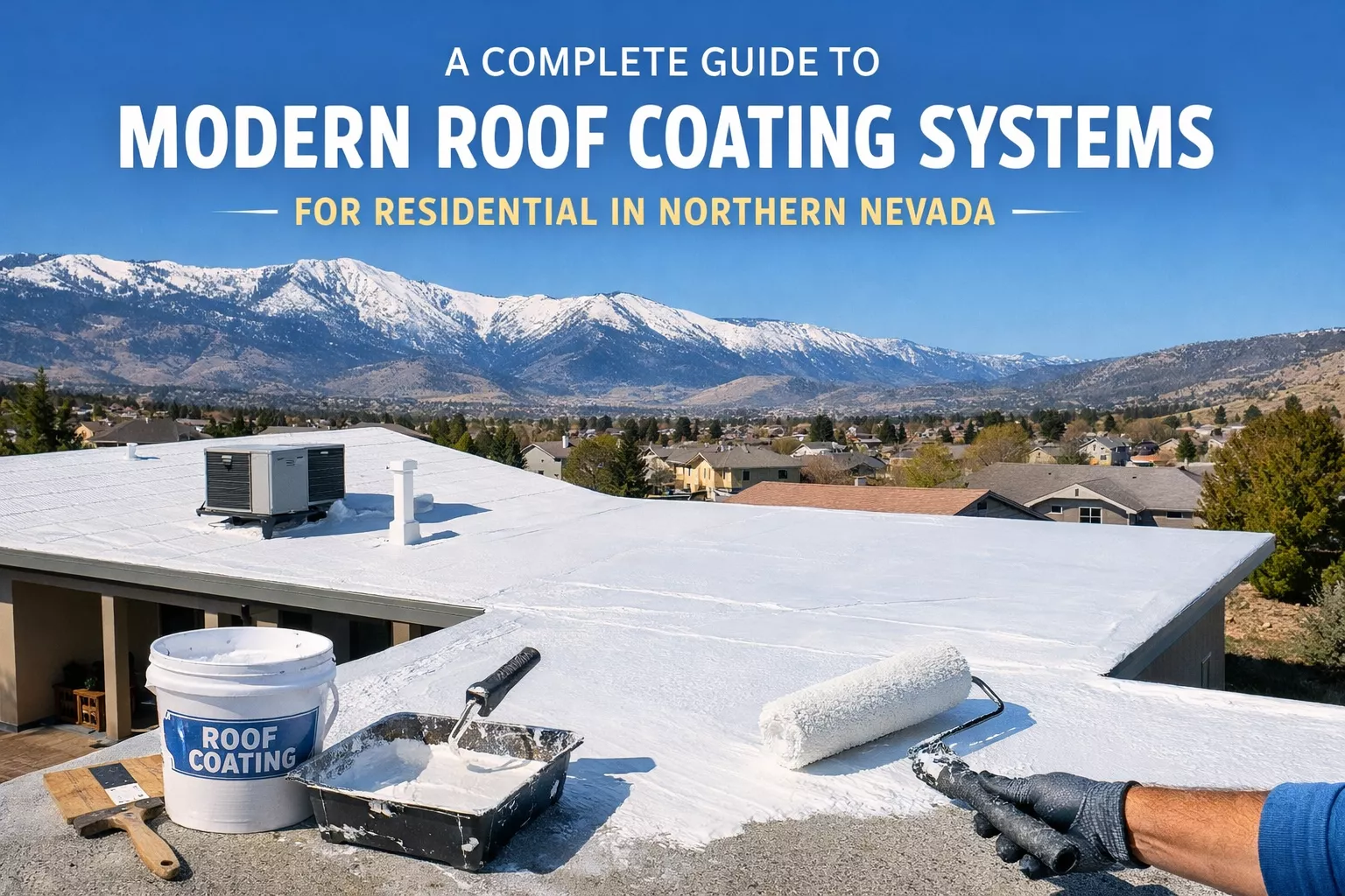 Modern residential home in Northern Nevada with a white elastomeric roof coating being applied, showing roof coating tools in the foreground and snow-capped mountains in the background.