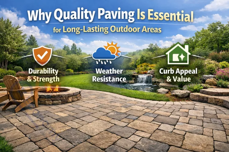 High-quality paved patio in a landscaped outdoor area with clear icons highlighting durability and strength, weather resistance, and improved curb appeal, explaining why quality paving is essential for long-lasting outdoor spaces.