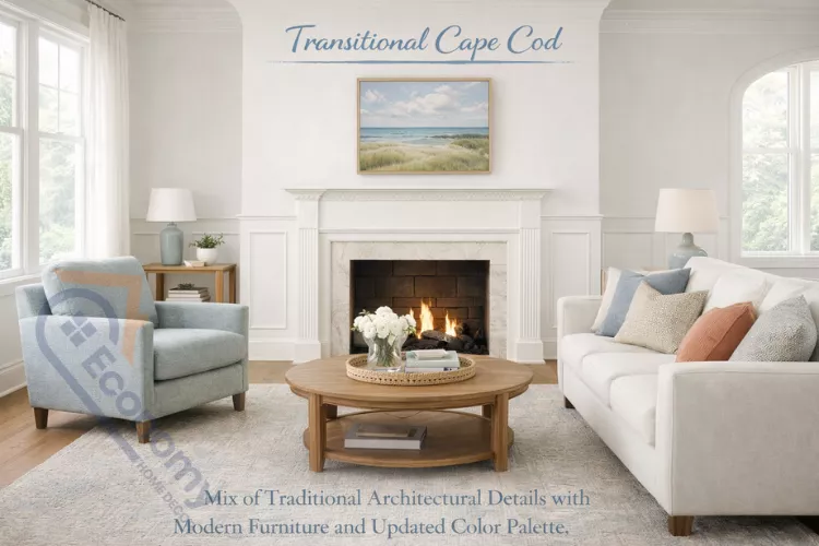 Transitional Cape Cod interior blending traditional and modern design elements