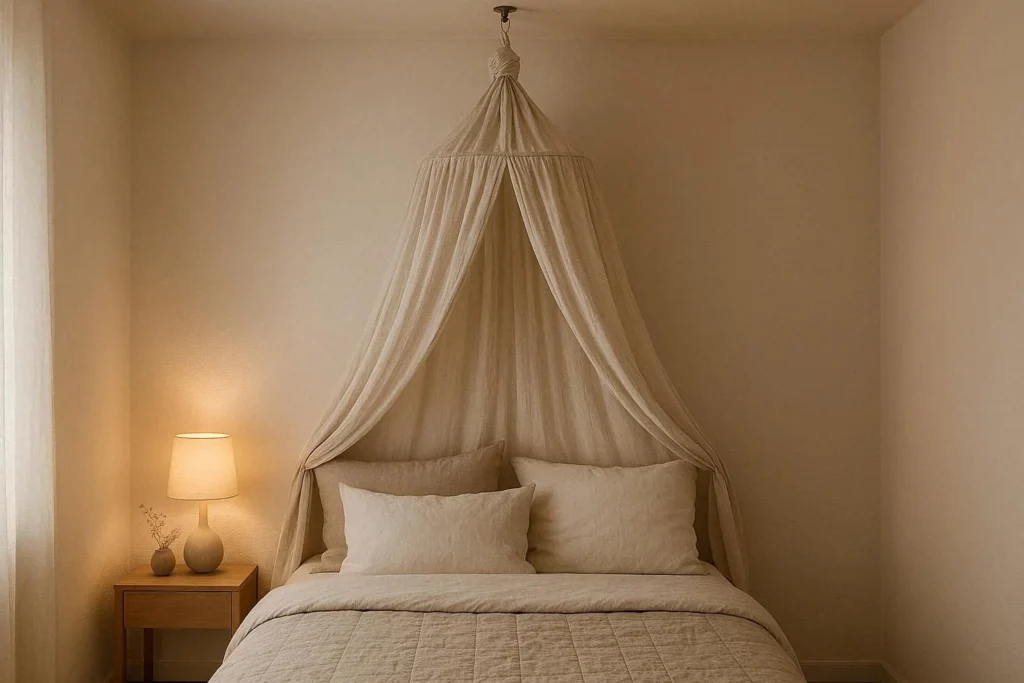 Lightweight canopy hanging from ceiling above bed